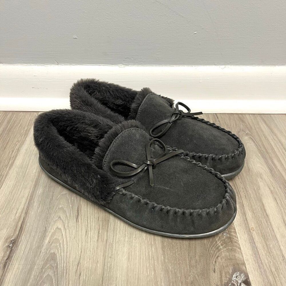 Clarks Slippers Women’s 9 Dark‎ Gray Suede Slip On Moccasins Faux Fur Lining